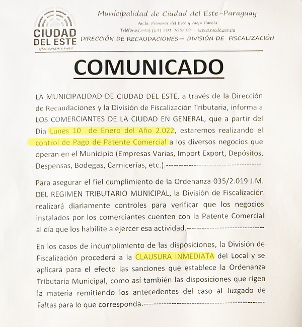 Municipalidad anuncia control de patentes comerciales