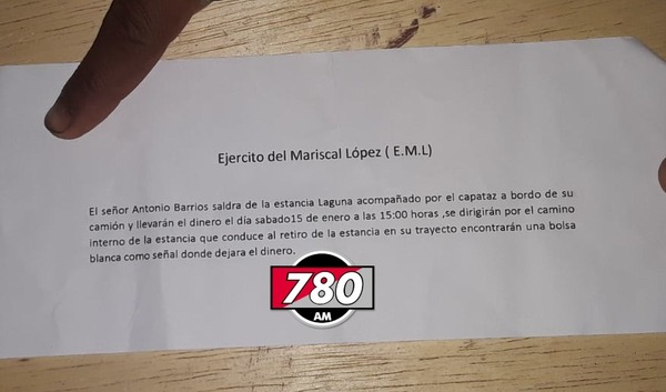 Nota de presuntos miembros del Ejército Mariscal López, exige pago de USD 30 mil a dueño de estancia - Megacadena — Últimas Noticias de Paraguay
