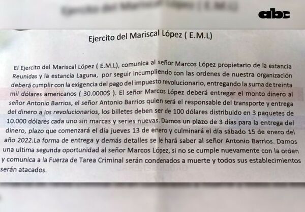 Hallan un nuevo panfleto extorsionador del EML en Horqueta