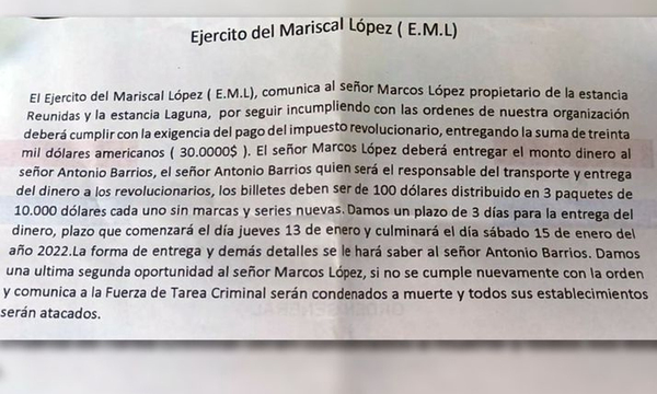 Hallan nueva nota extorsionadora del EML en Horqueta - OviedoPress