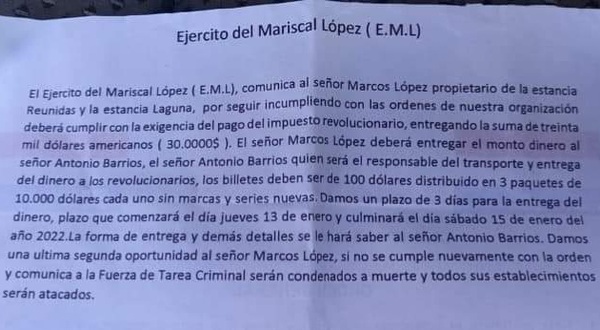 EML exige 30 mil dólares a ganadero de Horqueta