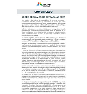 Itaipú afirma que no pagará a ex trabajadores que reclaman deuda histórica | DIARIO PRIMERA PLANA