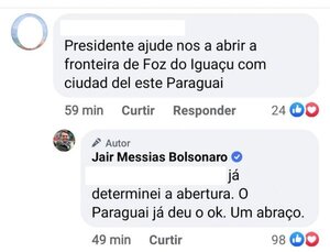 Bolsonaro afirma que ya ordenó apertura de frontera con Paraguay, pero no informó modalidad