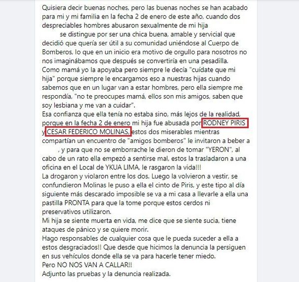 Denuncian que dos bomberos drogaron y violaron a su compañera - Nacionales - ABC Color