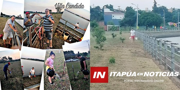VECINOS DE VILLA CANDIDA TOMARON SUS BALDES Y SE PUSIERON A REGAR ÁRBOLES CON AGUA DEL POTIY. - Itapúa Noticias