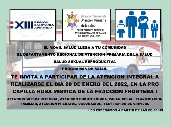 Móvil salud atenderá este jueves en la fracción Frontera 1