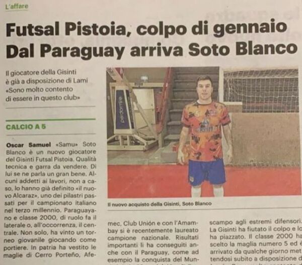 Prensa italiana destaca la presencia de Samu Soto en el Gisinti Pistoia