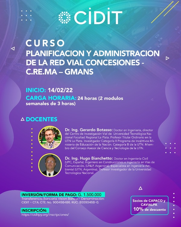 CIDIT realizará curso sobre Planificación y Administración de la Red Vial de Concesiones