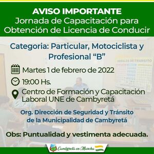 PMT de Cambyretá invita a la jornada de capacitación para la obtención de licencia de conducir