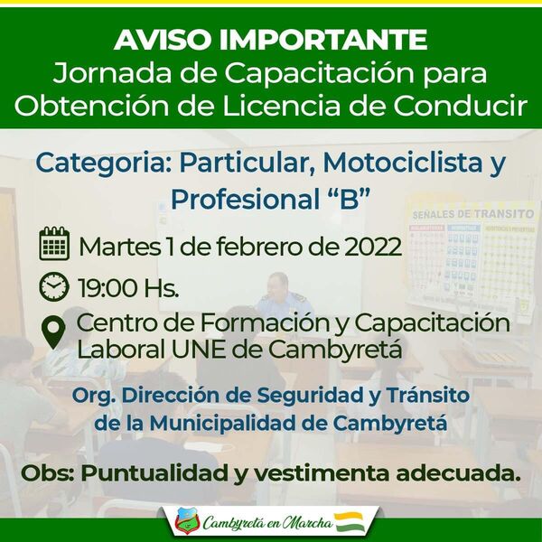 PMT de Cambyretá invita a la jornada de capacitación para la obtención de licencia de conducir
