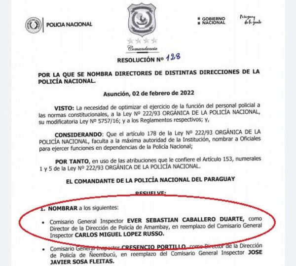Nombran al  comisario Ever Sebastián Caballero Duarte como nuevo director de la Policía Nacional en Amambay