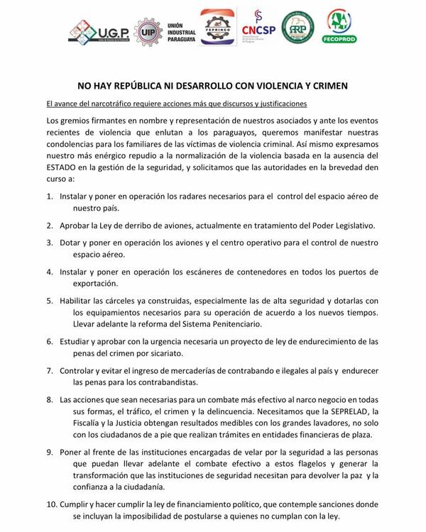 No hay república ni desarrollo con violencia y crimen, afirma gremio productivo