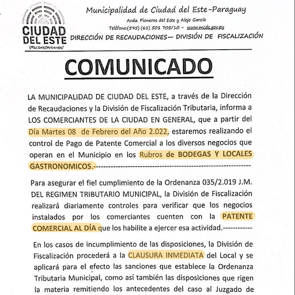 Municipalidad anuncia inicio de control de patentes a bodegas y locales gastronómicos