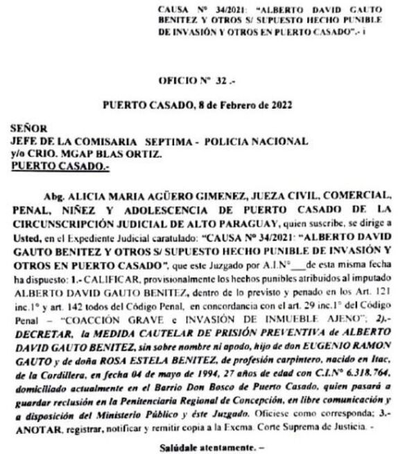 Decretan prisión para conocido invasor en Alto Paraguay - Nacionales - ABC Color