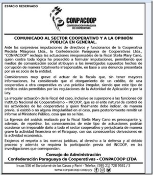 Comunicado al sector cooperativo y a la opinión pública en general - Espacio Reservado - ABC Color