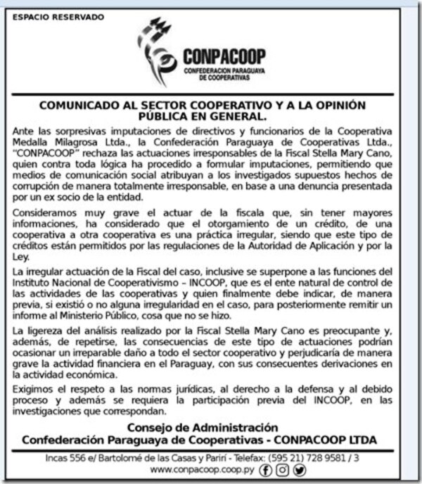 Comunicado al sector cooperativo y a la opinión pública en general - Espacio Reservado - ABC Color