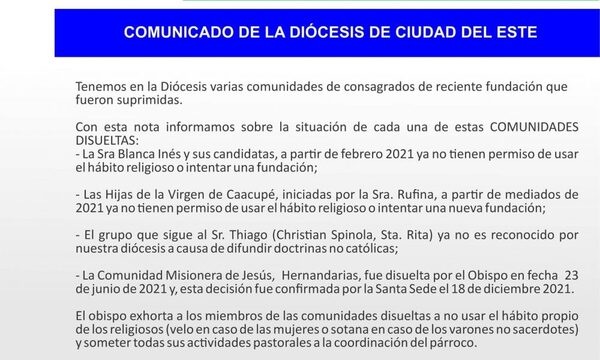 Diócesis de CDE aclara sobre congregaciones suprimidas