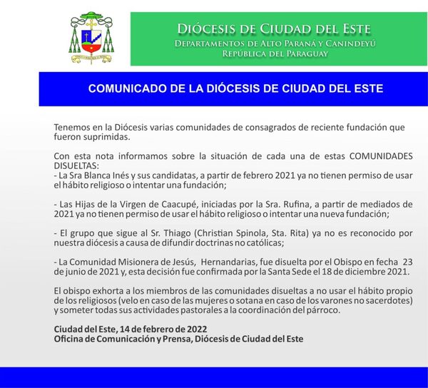 Diócesis de CDE comunica sobre congregaciones suprimidas - La Clave