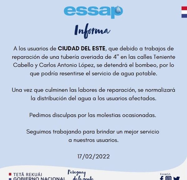 Falta de agua por trabajos de la ESSAP