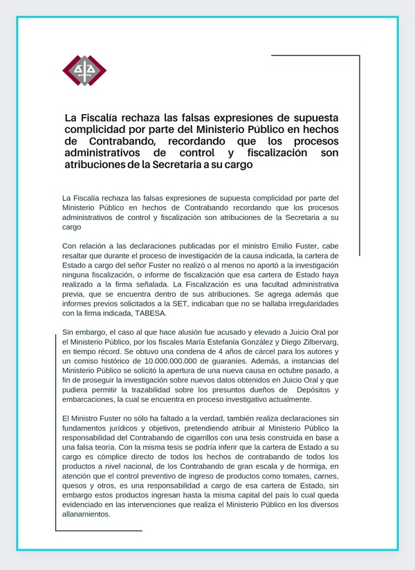 Fiscalía rechaza expresiones de Fúster y le recuerda que el contrabando es su responsabilidad - ADN Digital