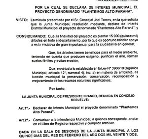“Plantemos Alto Paraná” es declarada de interés distrital