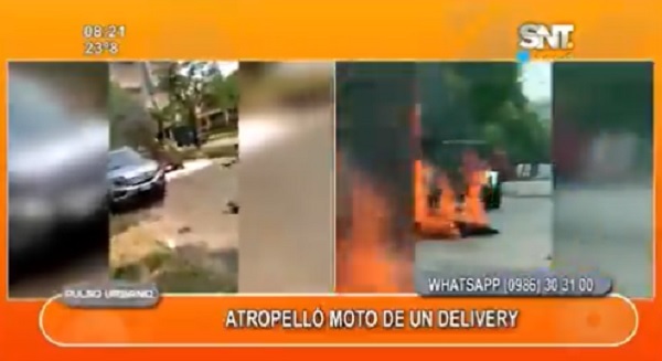 Motocicleta de delivery arde en llamas tras ser embestida por camioneta