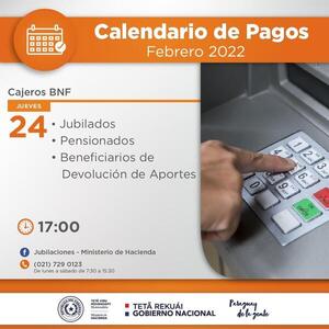 Jubilados y pensionados percibirán sus haberes este jueves 24 Poco más de 67.600 jubilados y pensionados percibirán este jueves 24 de febrero, desde las 17:00, sus haberes correspondientes a este mes. En dicha fecha también se pagará la Devolución de Apor