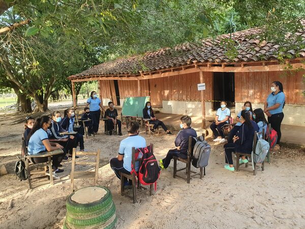 Niños de Frontera Curuzú Ñu inician clases bajo árboles