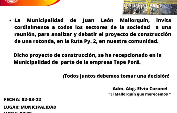 Debatirán sobre construcción de rotonda en Mallorquín