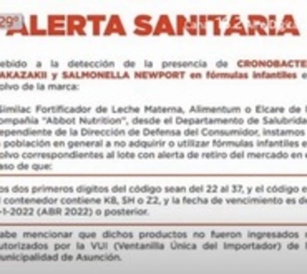 Alerta sanitaria sobre posible bacterias en leche para bebés  - Paraguay.com