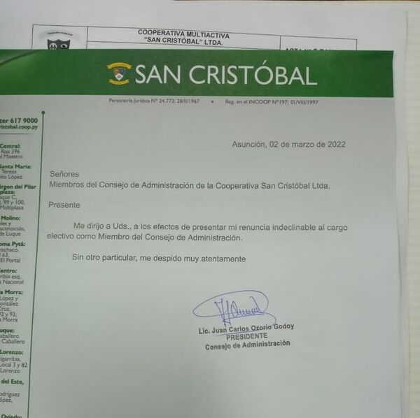 Juan Carlos Ozorio renuncia también a la cooperativa San Cristóbal