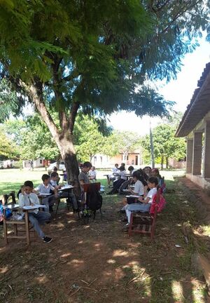 Niños estudian bajo un árbol tras derrumbe en escuela de Borja - Nacionales - ABC Color