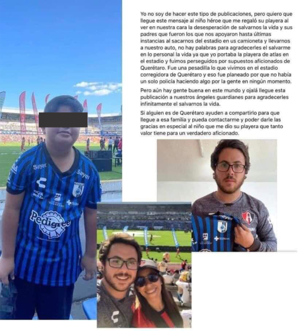 Adolfo, el niño héroe que salvo con su camiseta del Querétaro a una pareja seguidora del Atlas