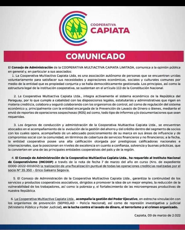 Comunicado de la Cooperativa Multiactiva Capiatá Limitada - Espacio Reservado - ABC Color