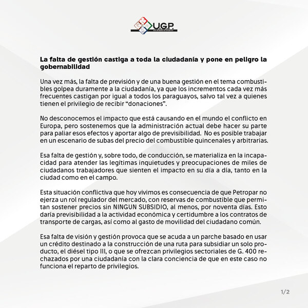 UGP exige solución a la crisis del combustible y advierte: “el campo calienta los motores” - ADN Digital