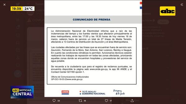 Comunicado de prensa de la ANDE - ABC Noticias - ABC Color