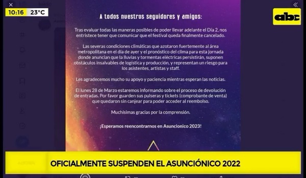 Cancelan el festival Asunciónico y anuncian devolución de entradas