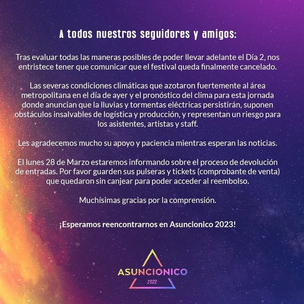 Asuncionico: oficialmente, cancelan día 2 del festival