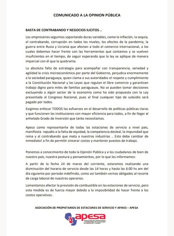 Gasolineras privadas abrirán menos horas en forma de protesta por subsidio a Petropar - El Trueno