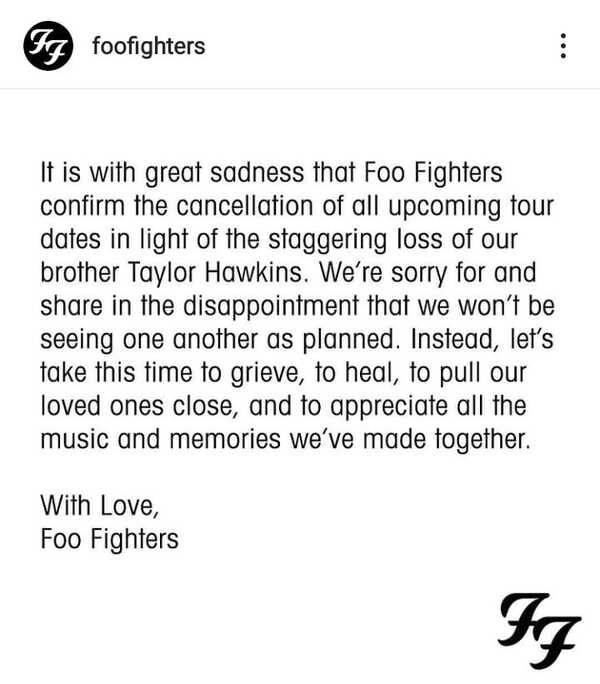 Foo Fighters cancela su gira por muerte de Taylor Hawkins - 1000 Noticias