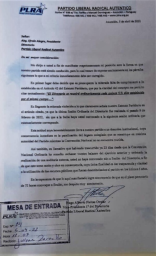 Emplazan a Efraín por 72 horas para que convoque a sesión de directorio del PLRA - ADN Digital