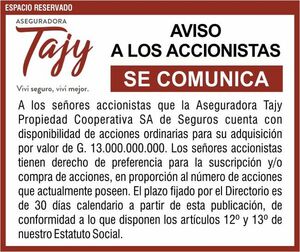Aviso a los accionistas de aseguradora Tajy - Espacio Reservado - ABC Color