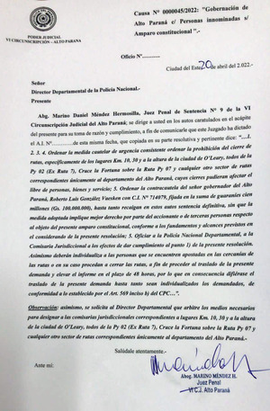 Juez prohíbe cierre de rutas en Alto Paraná a pedido del gobernador | DIARIO PRIMERA PLANA