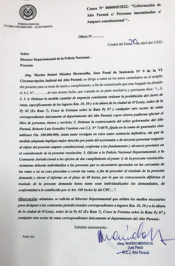 Juez prohíbe cierre de rutas en Alto Paraná a pedido del gobernador | DIARIO PRIMERA PLANA