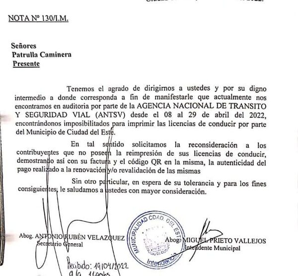 Comuna de CDE pide tolerancia de la Caminera aciudadanos con licencias pendientes de impresión – Diario TNPRESS