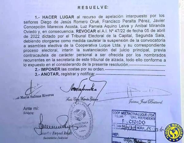 TSJE suspende asamblea electiva de la Cooperativa Luque •