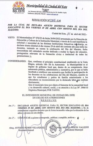 Declaran asueto distrital por Día del Maestro en CDE - La Clave