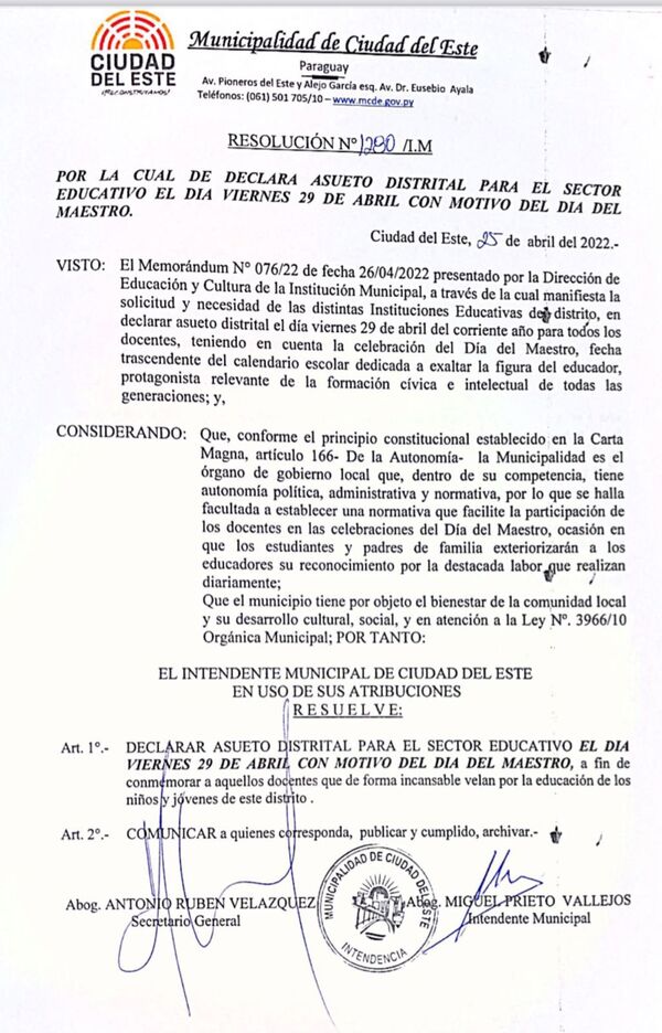 Declaran asueto distrital por Día del Maestro en CDE - La Clave