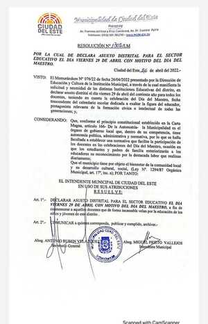 Municipalidad de CDE declaró asueto distrital por Día del Maestro