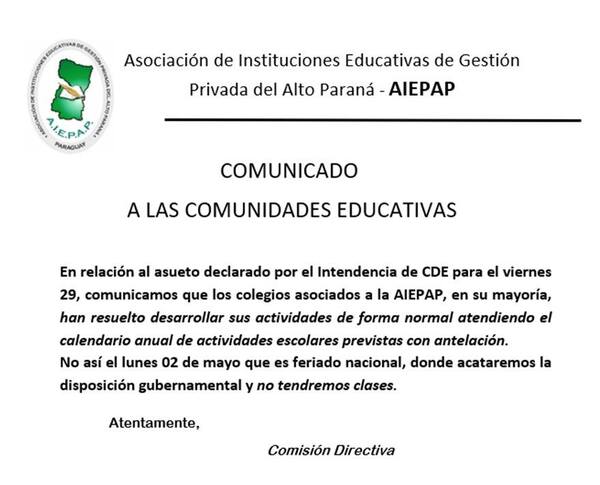 Pese a asueto, colegios agremiados a la AIEPAD tendrán clases este viernes - La Clave